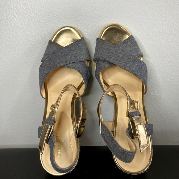 Cole Haan Espadrille Wedge Sandals Heels Sz 7B Chambray Ankle Strap D41160 - Picture 5 of 8